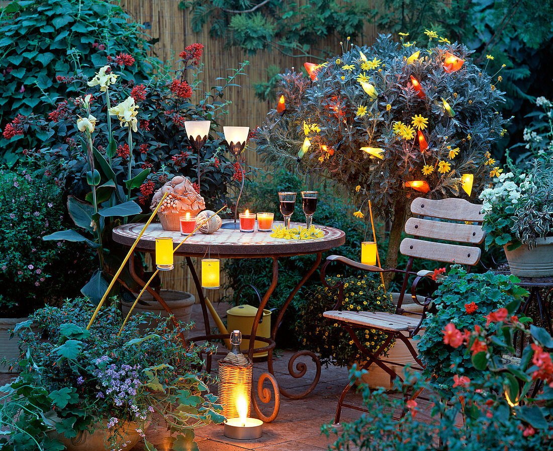 Terrace with lanterns and colorful lights