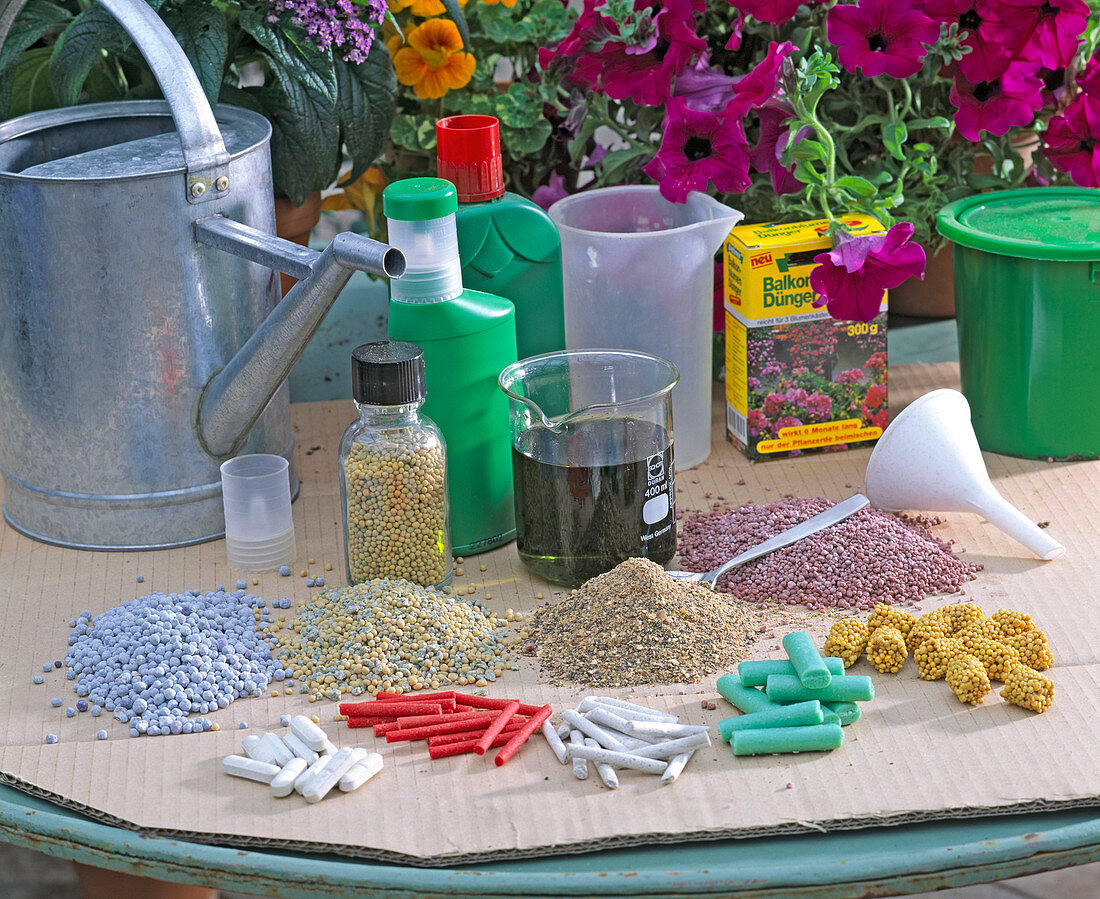 Various permanent and liquid fertilizers for balcony flowers