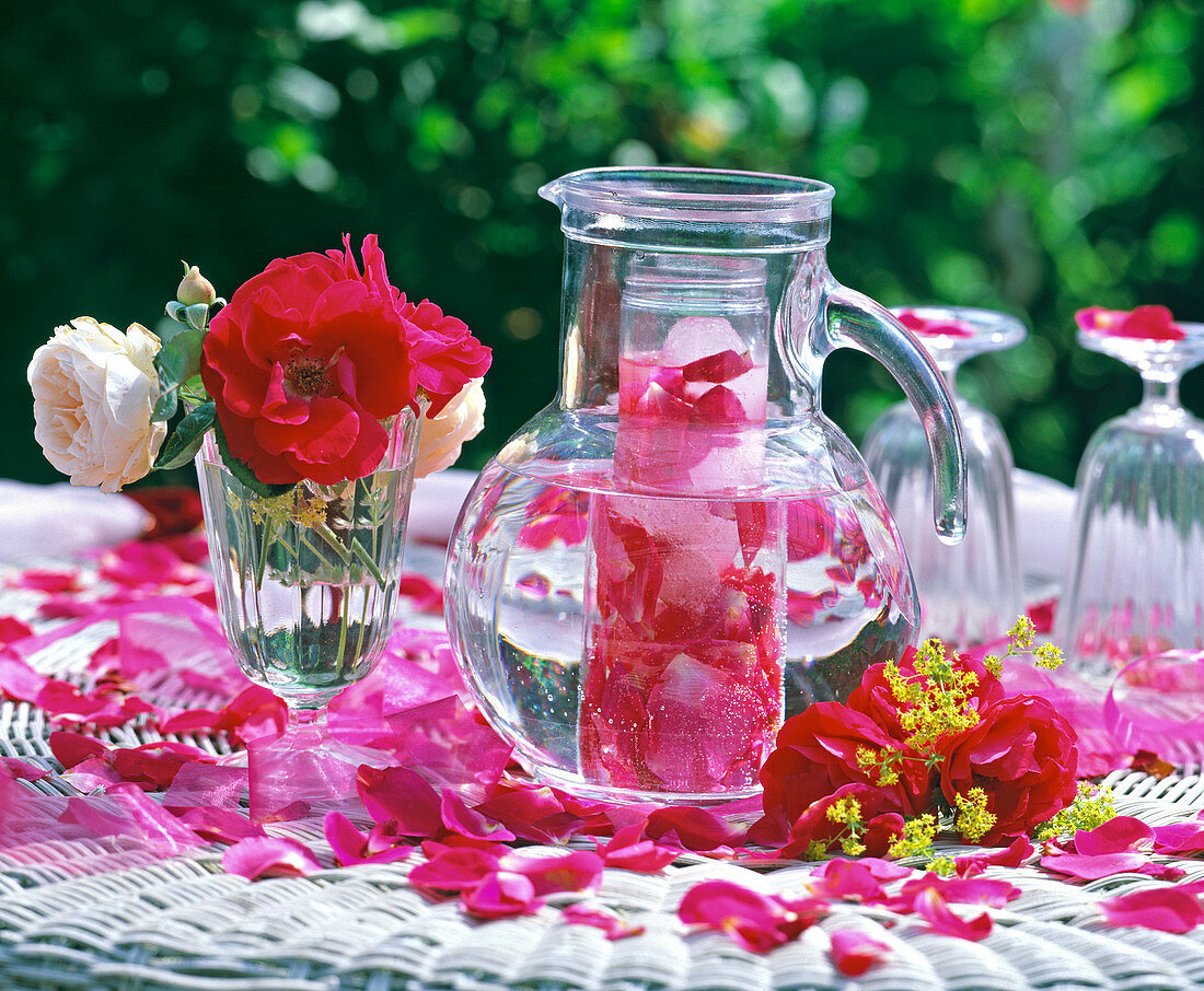 Rosenblüten mit Eiswürfel in Karaffe mit Wasser