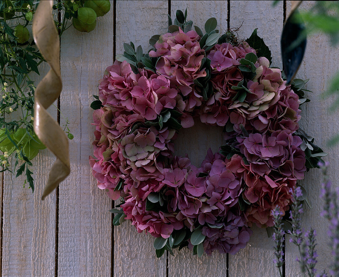 Drahtkranz mit Hydrangea (Hortensienblüten) umwickelt