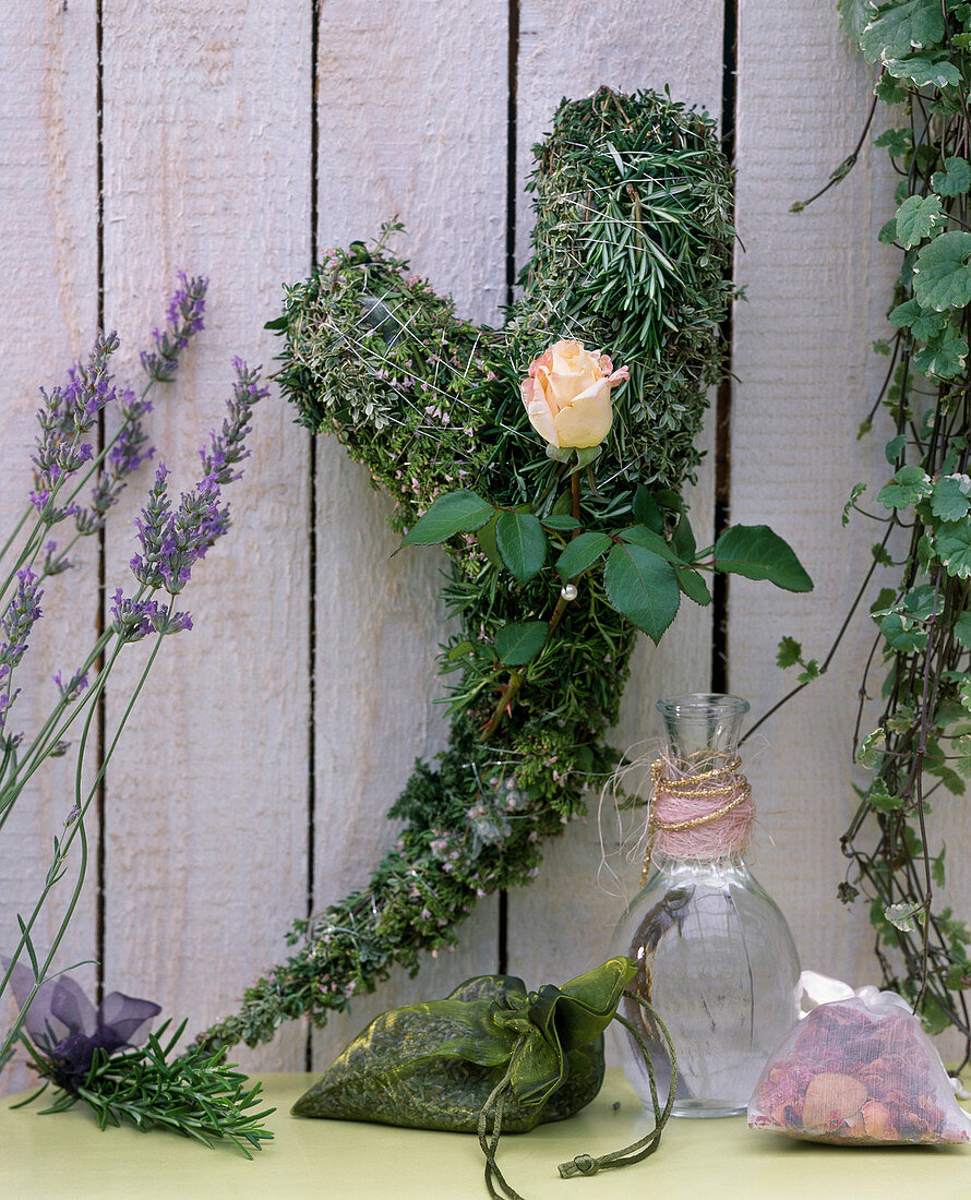 Herb heart, heart shaped chicken wire, with rosemary