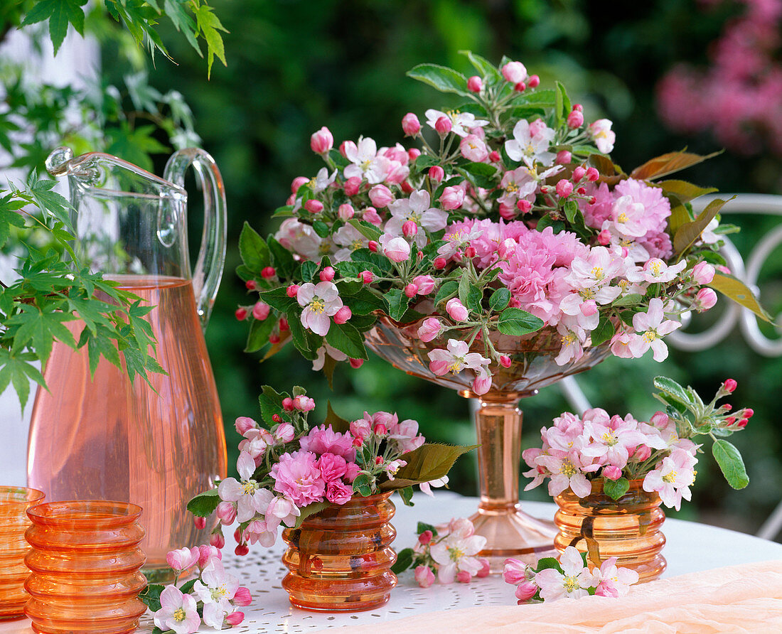 Rose table decoration, Malus flowers, Prunus flowers