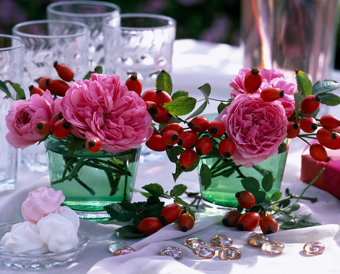 Pink 'Leonardo da Vinci' roses and rosehips in green glasses, sweets