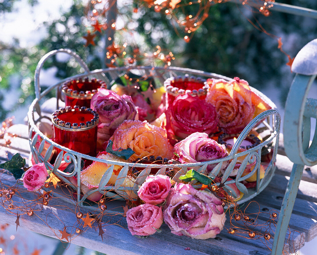Metal tray with pink (rose), frozen flowers
