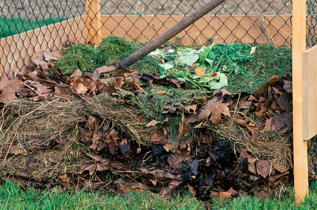 Kompost aus Blättern, Grasschnitt und Küchenabfällen in Kompostlege