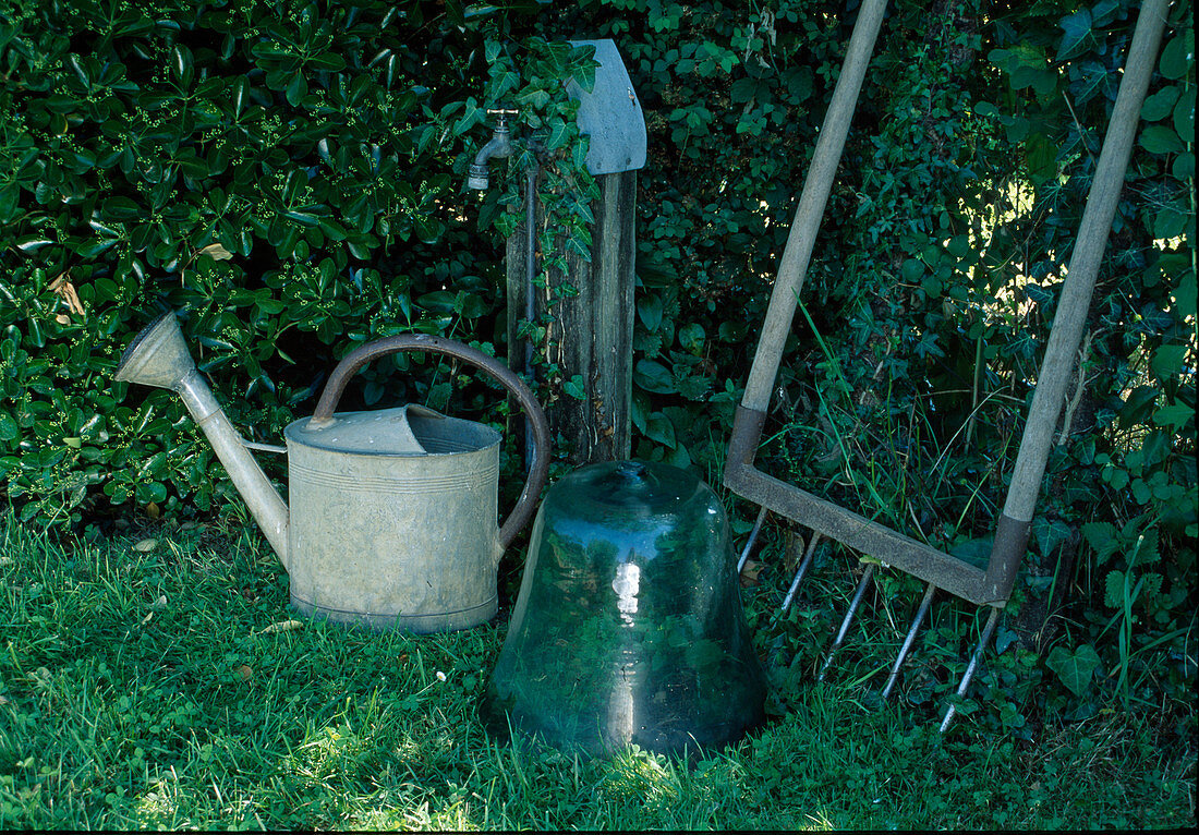 Stillleben : alte Zink-Giesskanne, Glasglocke und Bodenluefter an Wasserstelle
