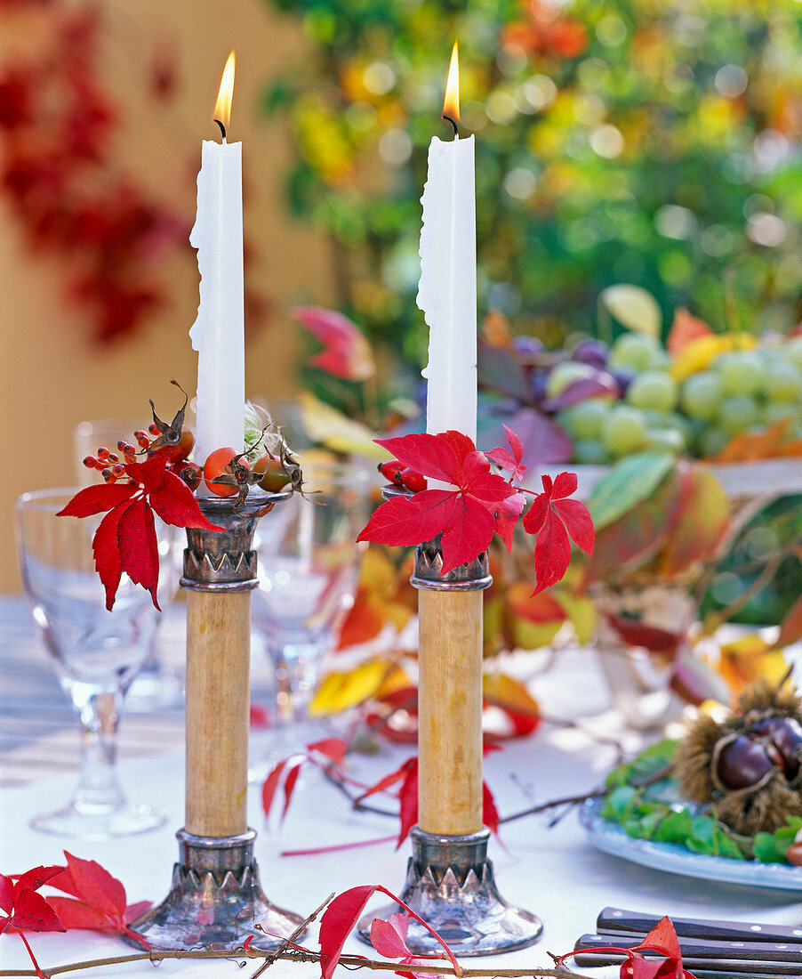 Kerzenhalter dekoriert mit Parthenocissus (Wilder Wein)