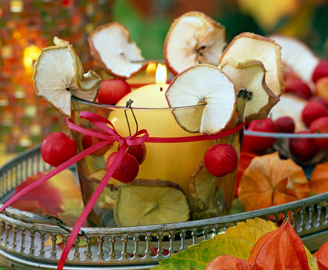 Glas, gefüllt und dekoriert mit Malus (Apfelscheiben, getrocknet , Zieräpfel)