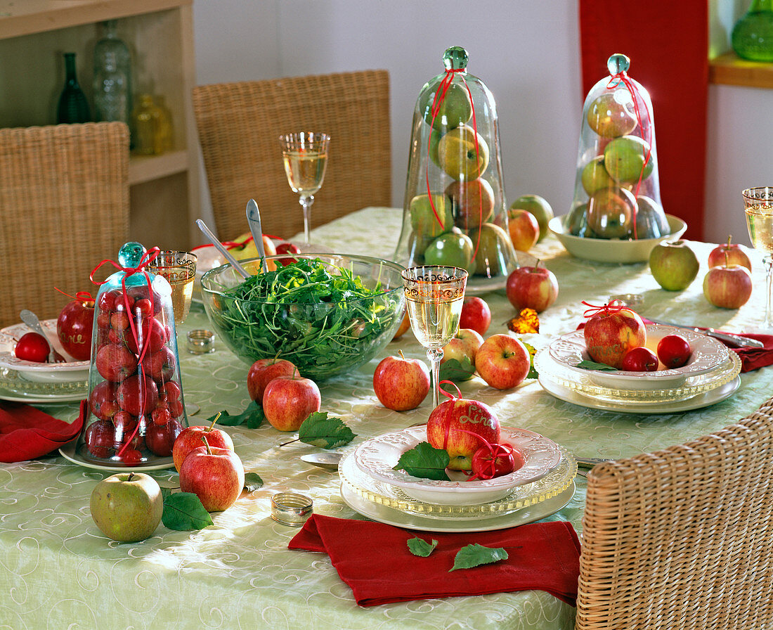 Table decoration with malus (apple), apples under glass bells
