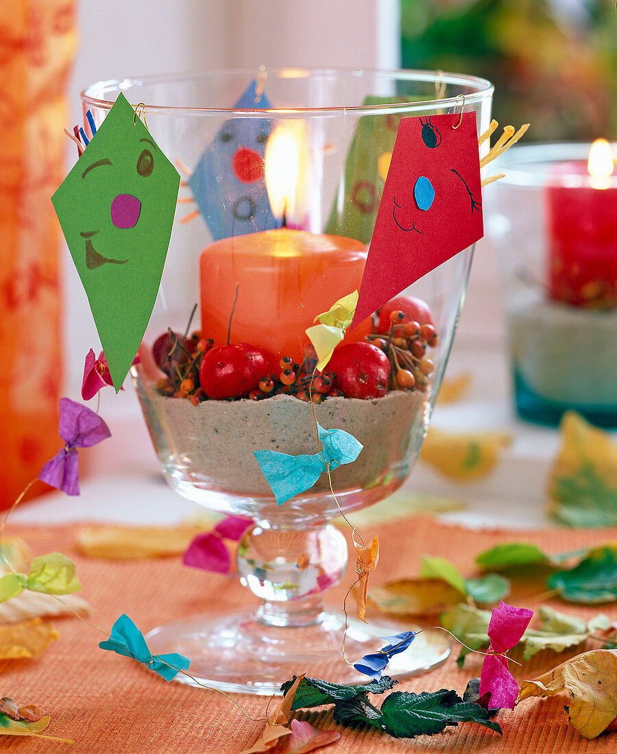Rose, Malus, glass cup with sand, orange candle