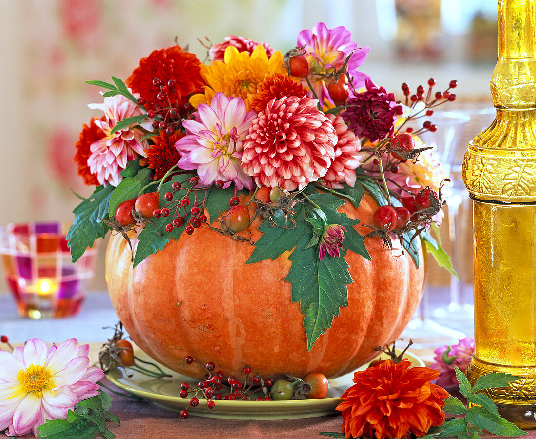 Dahlias and rosehips in pumpkin