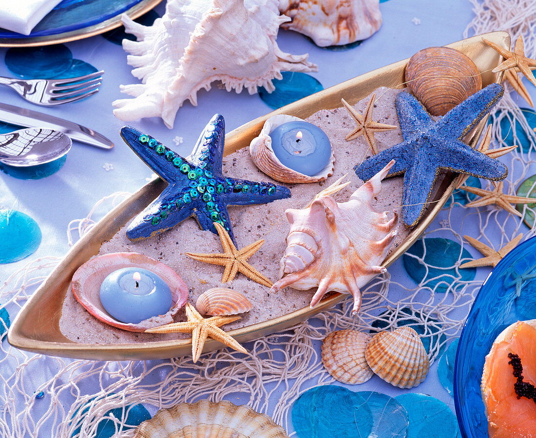 Maritime, ceramic jardiniere with sand, shells, starfish