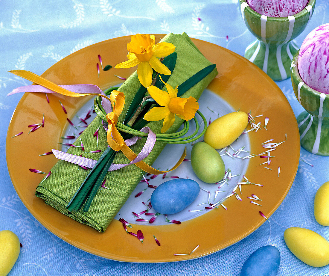 Narcissus 'Tete À Tete' (Daffodil) on light green napkin