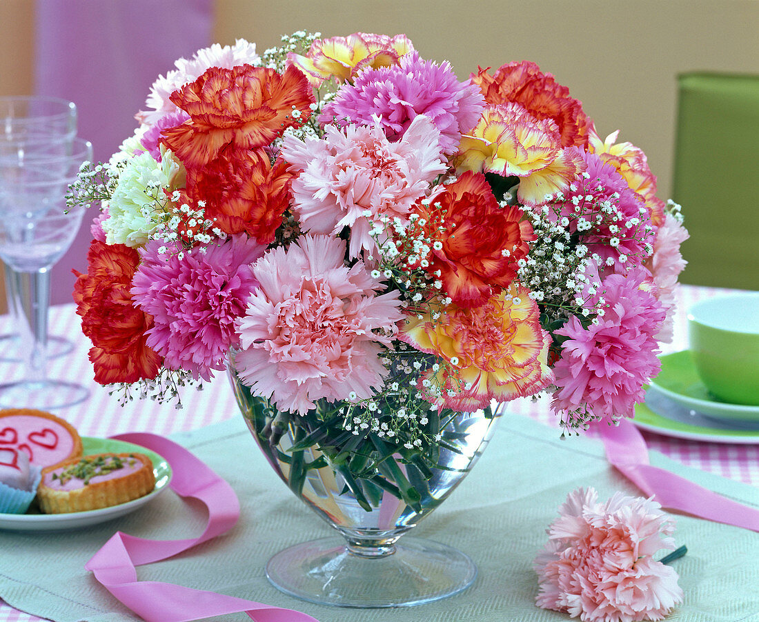 Bouquet of colorful Dianthus, Gypsophila in glass vase