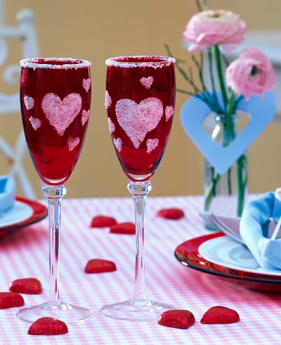 Red glasses with sugar hearts, decoration hearts