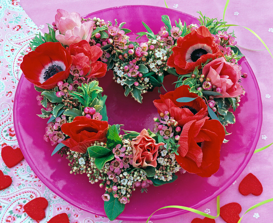 Heart with anemones, waxflower and snowball blossoms