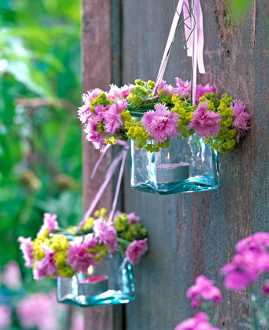Lanterns with Alchemilla and Dianthus wreaths