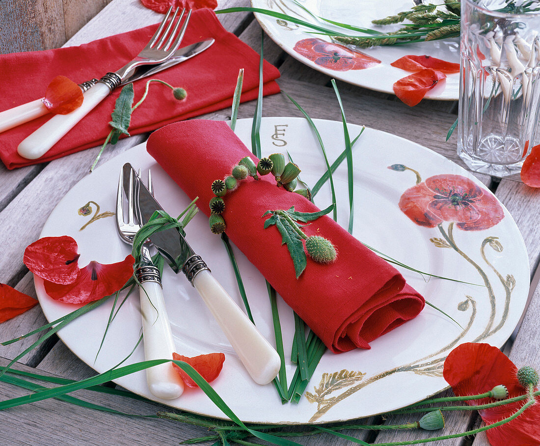 Napkin ring from Papaver seed pods around red napkin