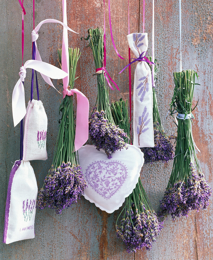 Sträuße aus Lavandula (Lavendel), bestickte Lavendelsäckchen