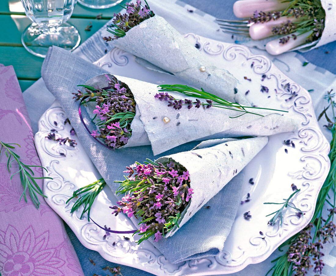 Lavandula (Lavendel) in Tüten aus selbstgeschöpftem Papier