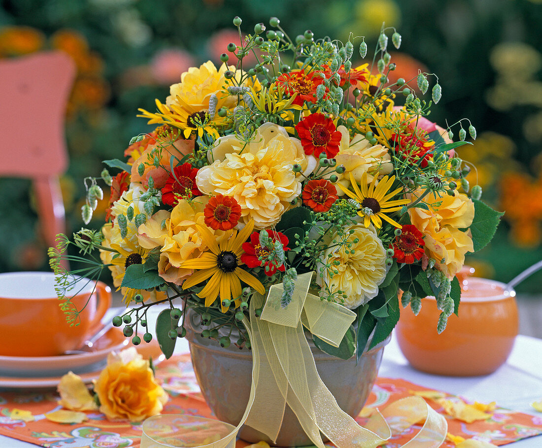 Late summer bouquet with Rose, rudbeckia