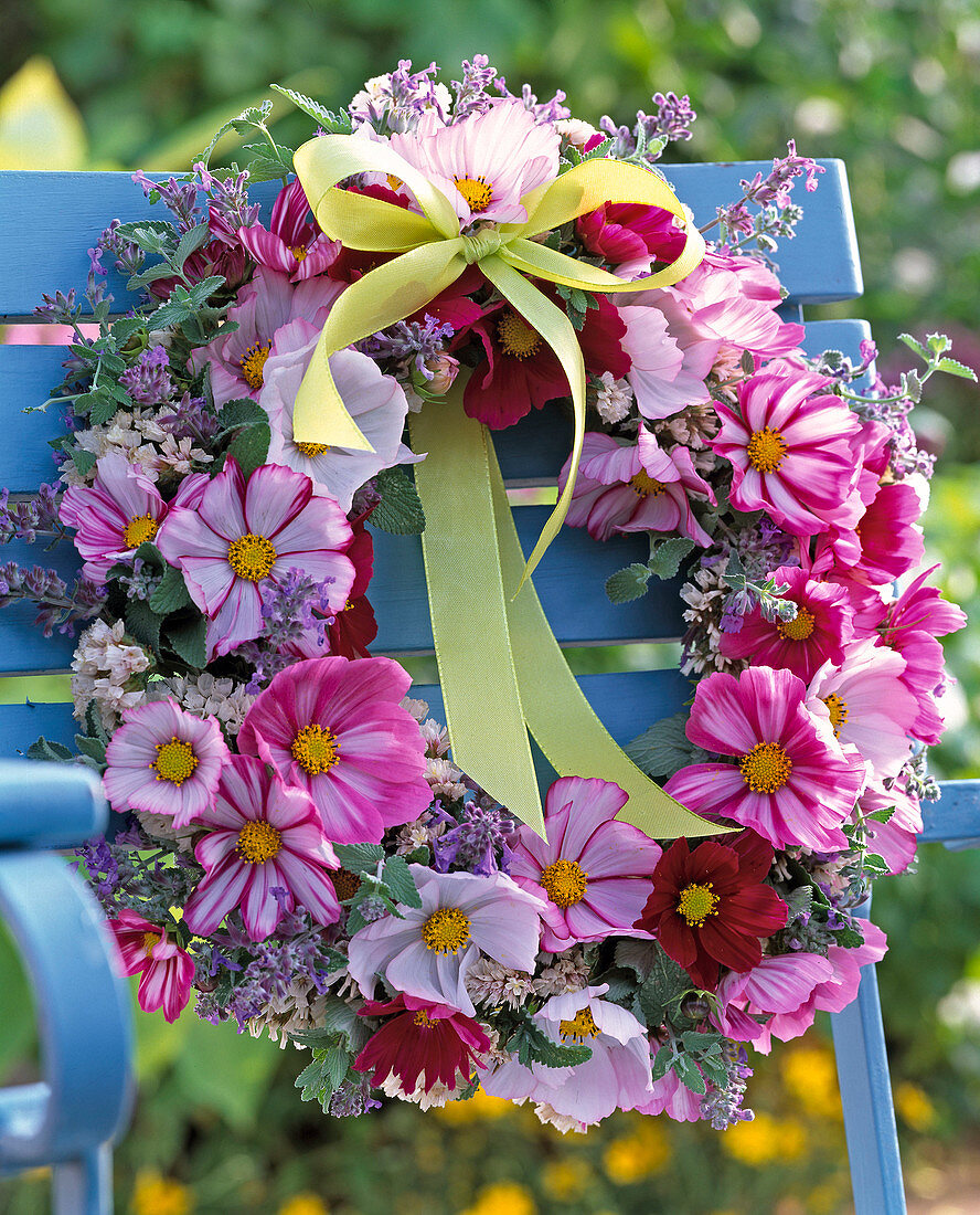 Cosmos and Nepeta wound to a wreath