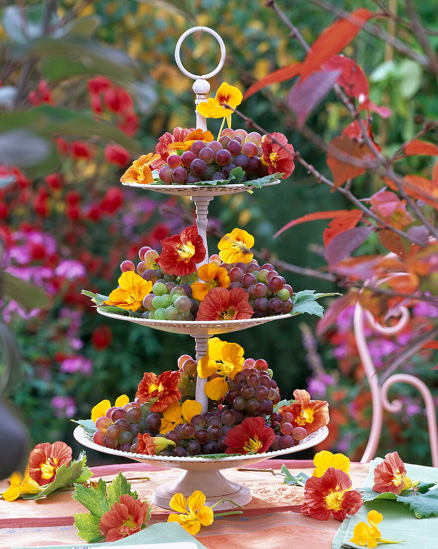 Etagere mit Obst und Blüten