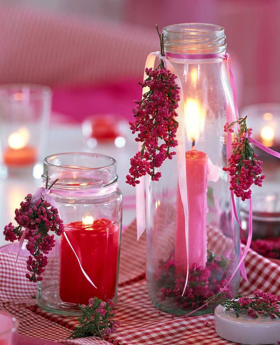 Erica on screw lid jars as lanterns, red and pink candle