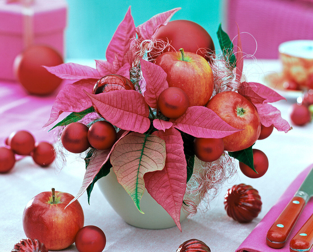 Poinsettia and apple arrangement
