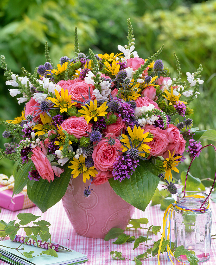 Bouquet made of Rose, Helianthus, Physostegia