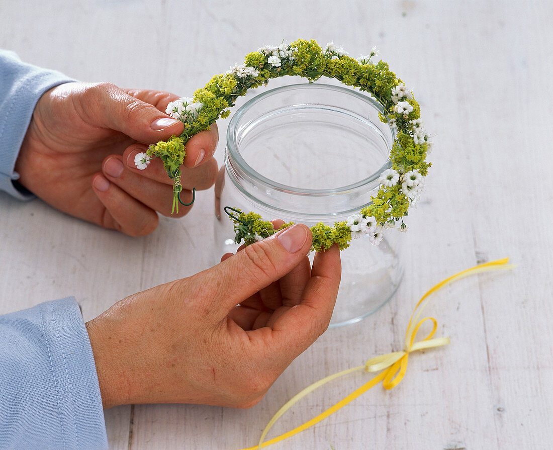 Gypsophila lady's mantle wreath around lantern