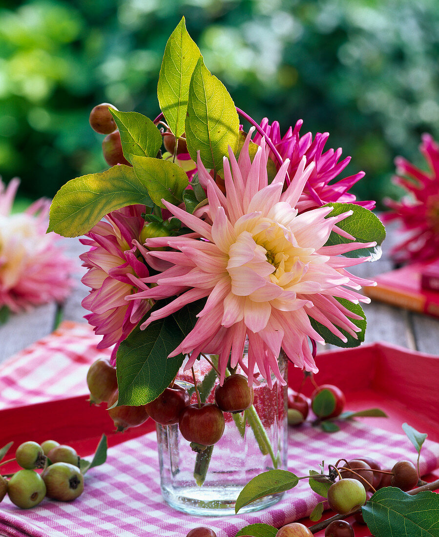 Small bouquet of Dahlia and Malus in bottle
