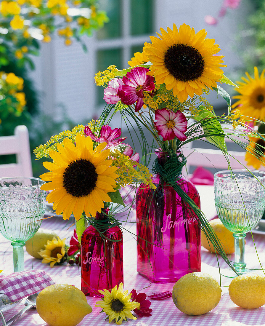 Small bouquets of Helianthus, Cosmos