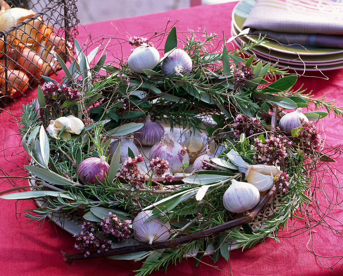 Wreath made of rosemary, Allium, Olea