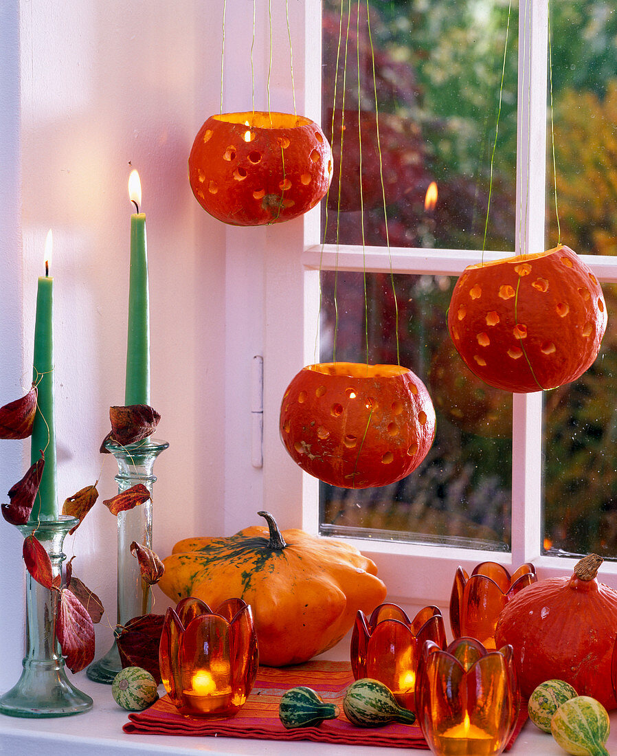 Kürbisse als Windlichter im Fenster : 3/3