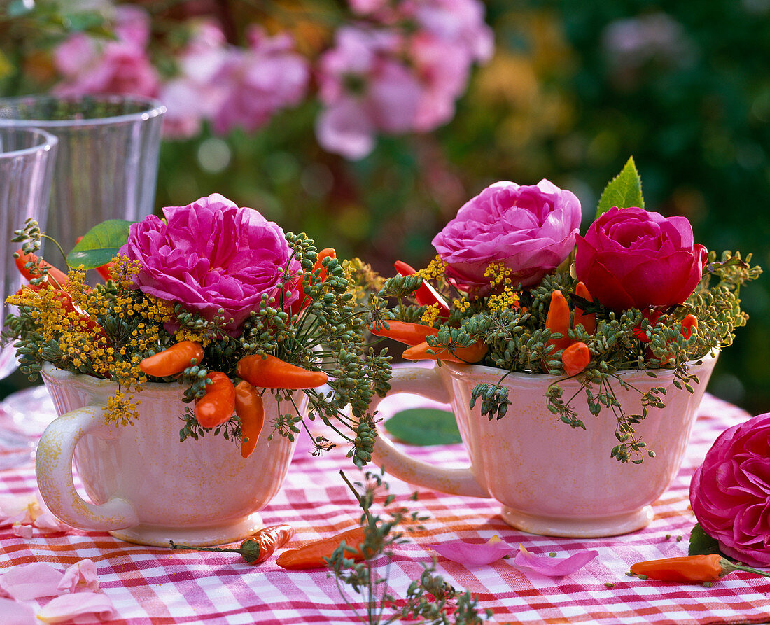 Small bouquets of pink (rose), foeniculum (fennel), capsicum