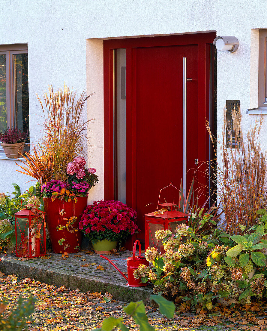 Red house entrance autumnally decorated with miscanthus