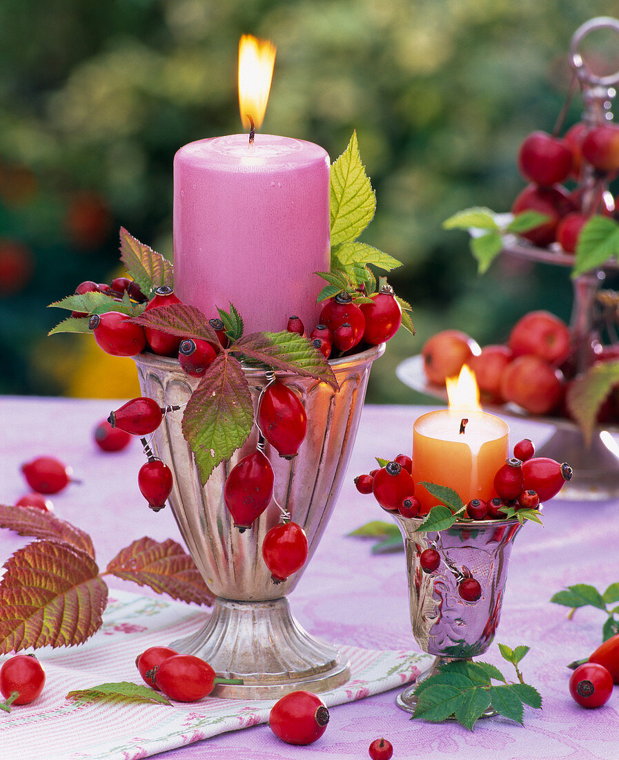 Kerze in silbernem Becher mit Hagebutten und Rubus (Brombeerblättern)