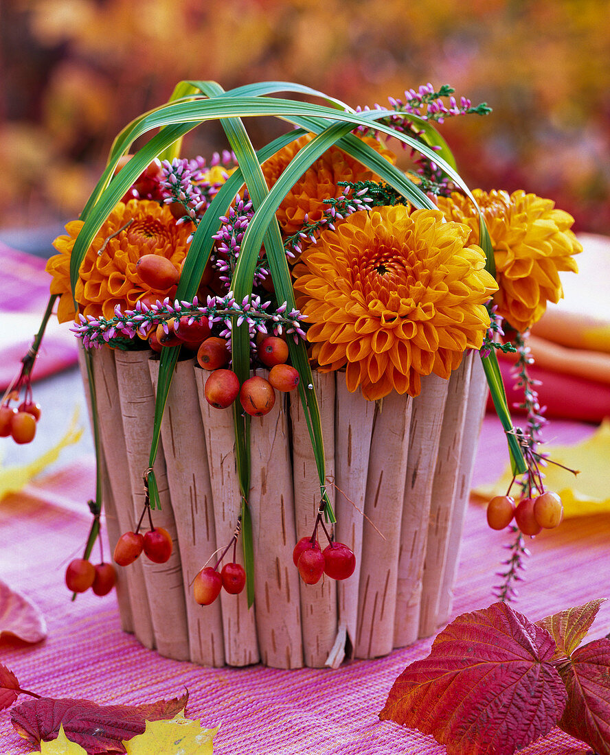 Gesteck aus Dahlia (Dahlien), Calluna (Besenheide), Spartina