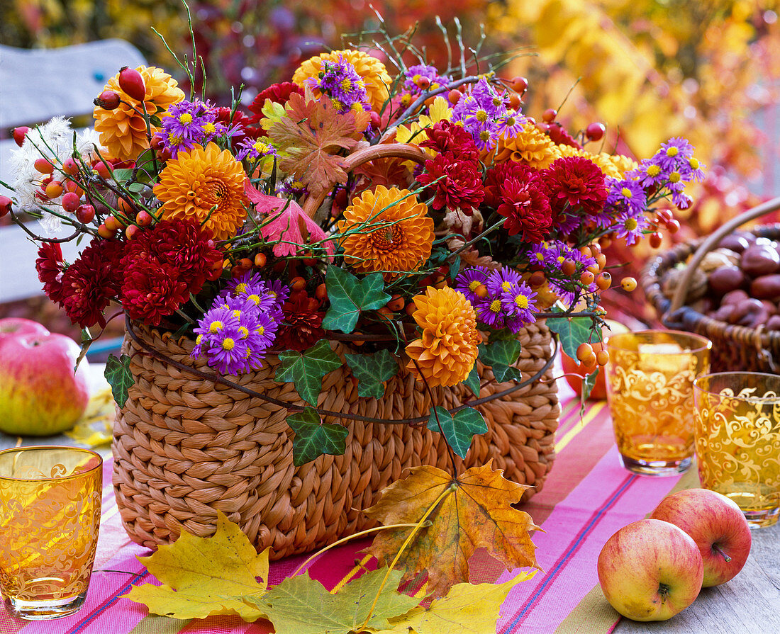 Bouquet made of dahlia, aster (white wood aster), chrysanthemum