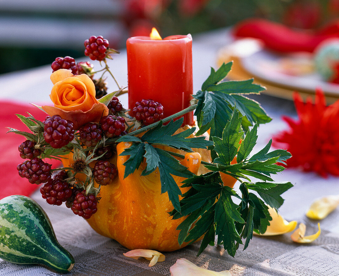 Candle decoration with Rose, Rubus in Cucurbita