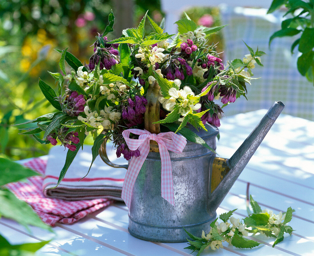 Symphytum and Lamium bouquet in watering can