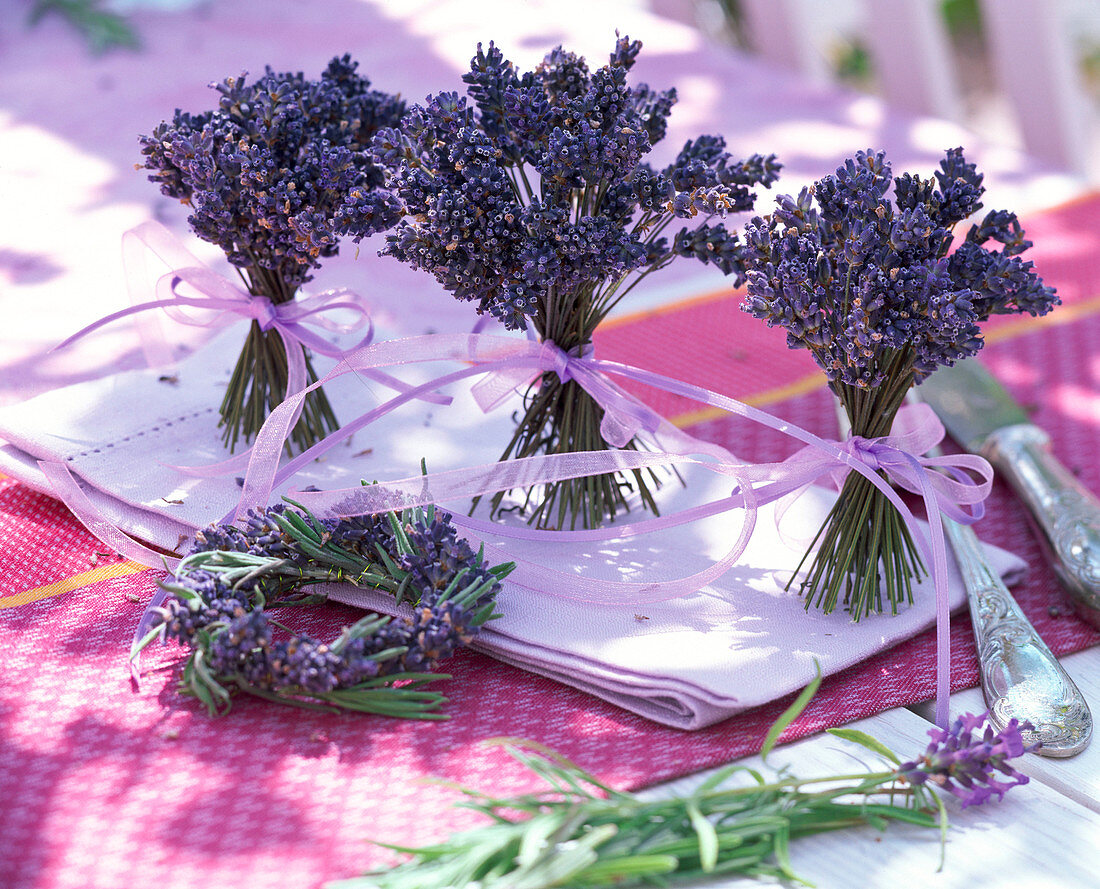 Standing bouquets made of lavandula (lavender), lavender wreath