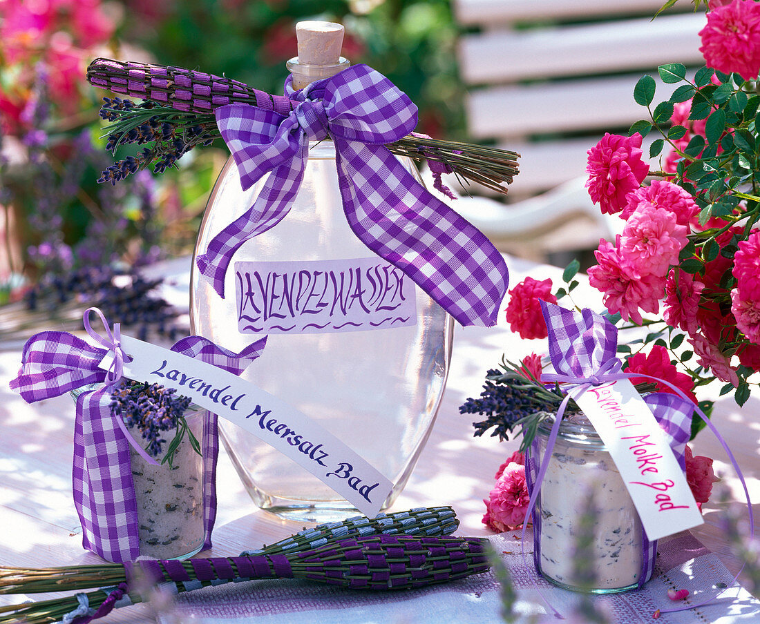 Lavender water, lavender sea salt bath, lavender whey bath in bottles