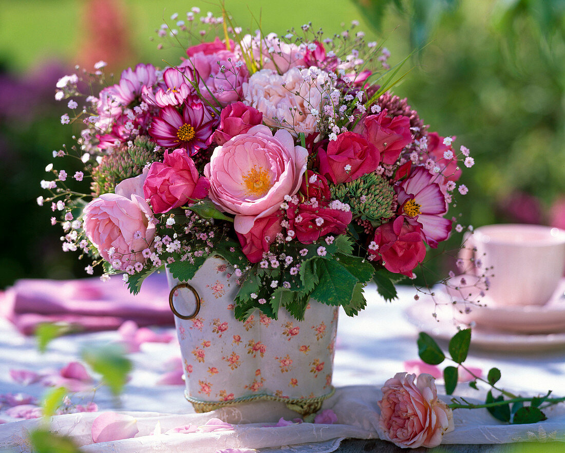 Bouquet with pink (rose), cosmos (daisies), gypsophila