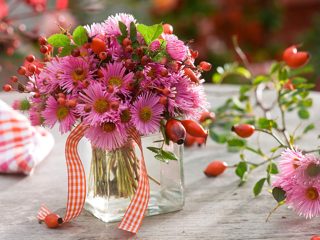 Kleiner Strauß aus Aster (Herbstastern) und Rosa (Hagebutten)