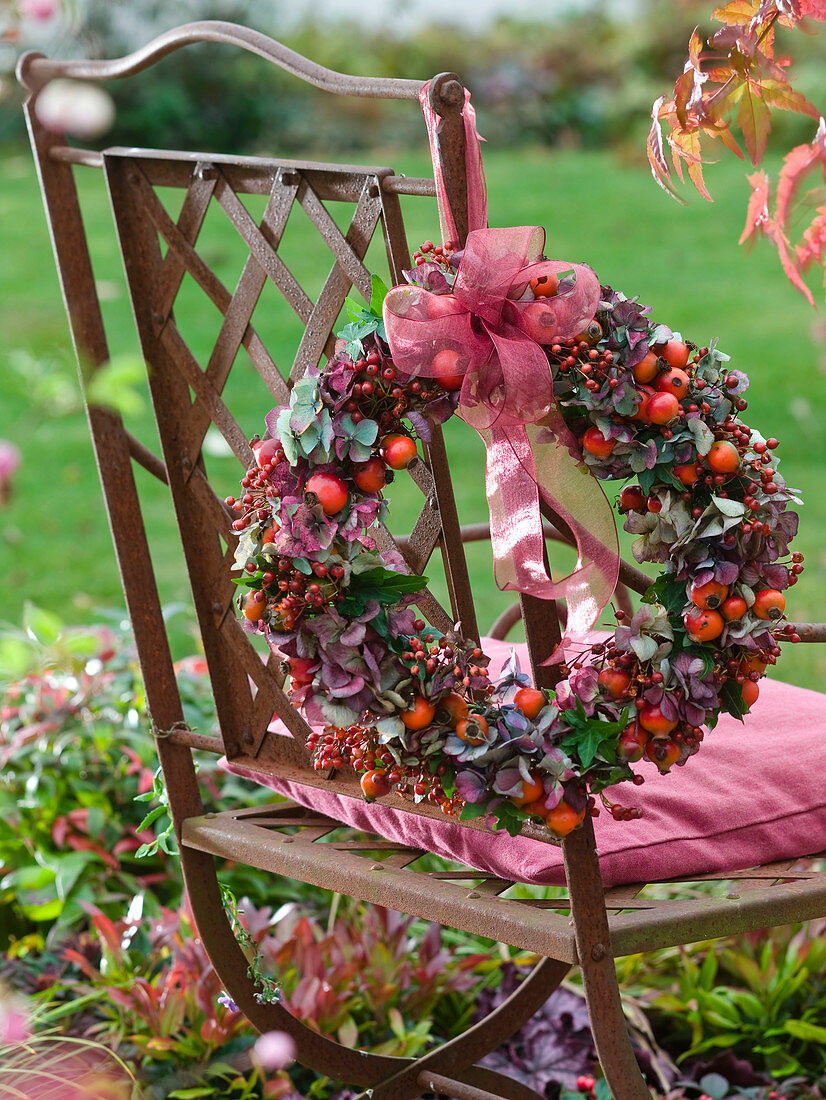 Hydrangea and rose hip wreath