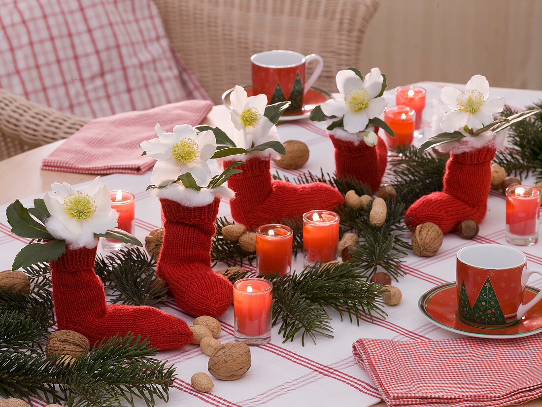 Weihnachtliche Tischdekoration aus Helleborus (Christrosen)
