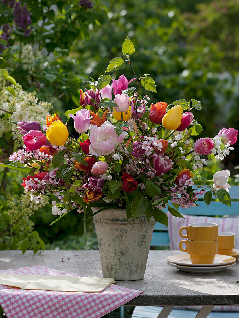 Colorful spring bouquet from Tulipa, Prunus
