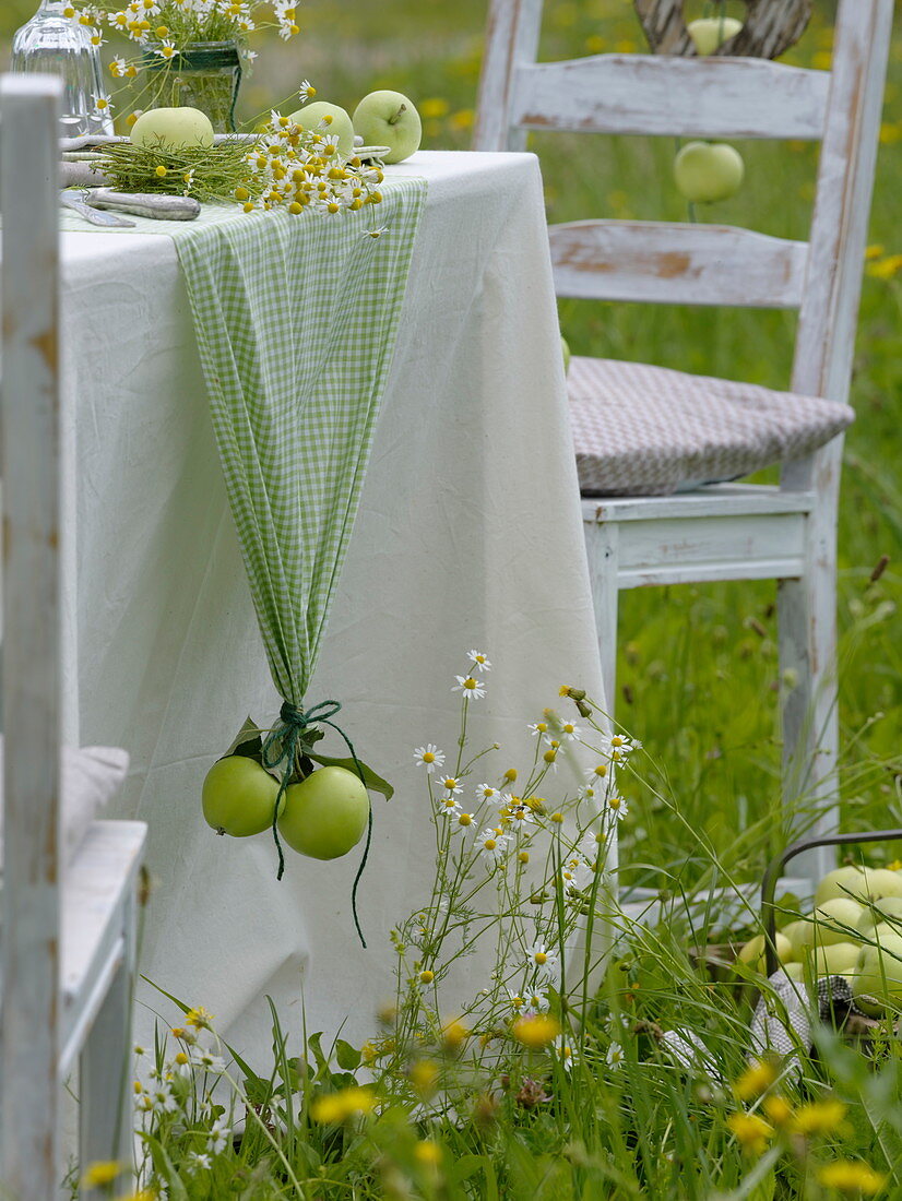 Apple table decoration in the summer meadow